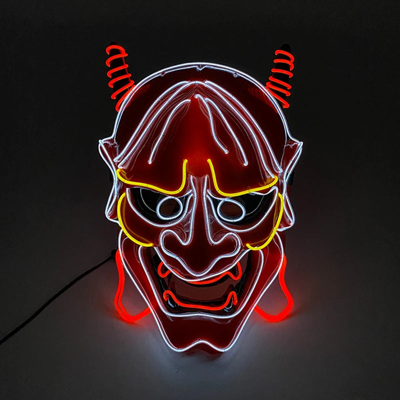 Light Up Japanese Oni Devil Mask LED Luminous Prajna Horror Mask Full Face Halloween Bar Party Props Neon Glowing Demon Mask