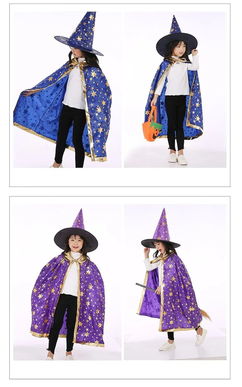 Children Cloak with Witch Hat Boys Girls Cosplay Costume Teens Black Purple Red Carnival Photography Props Kids Christmas Cape