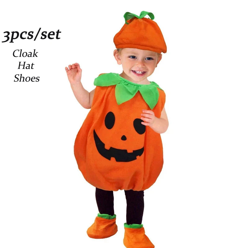 2025 Kids Halloween Party Costume Romper with Hat Shoes Toddler Pumpkin One-Piece Boy Girl Baby Jumpsuit Cosplay Clothing Set