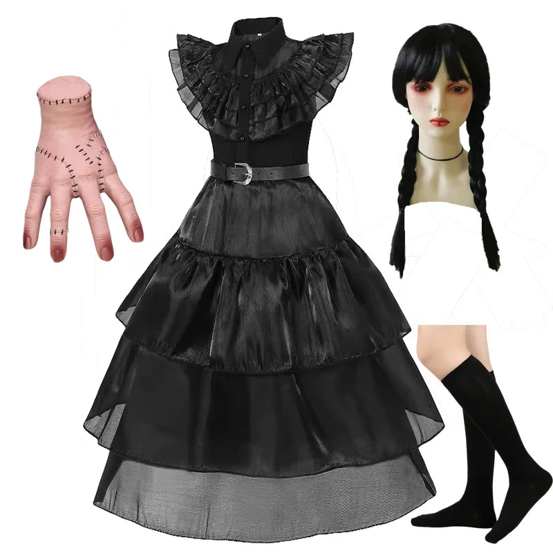 Girls Wednesdays Halloween Cosplay Costume Adams Black Gothic Family Clothes Costume Kids Carnival Fancy Dress Up