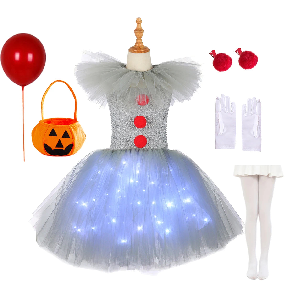 Gray Joker Girls Halloween LED Light Up Costume Tutu Dress Creepy Clown Kids Tulle Dress Carnival Party Cosplay Clothing 2-12Y