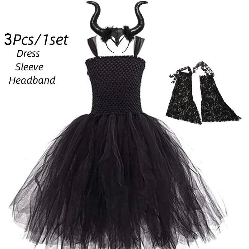 Halloween Maleficent Costume for Girls Cosplay Evil Queen Dress Up Costumes Witch Devil Black Mesh Princess Dress Wings Bird 12Y