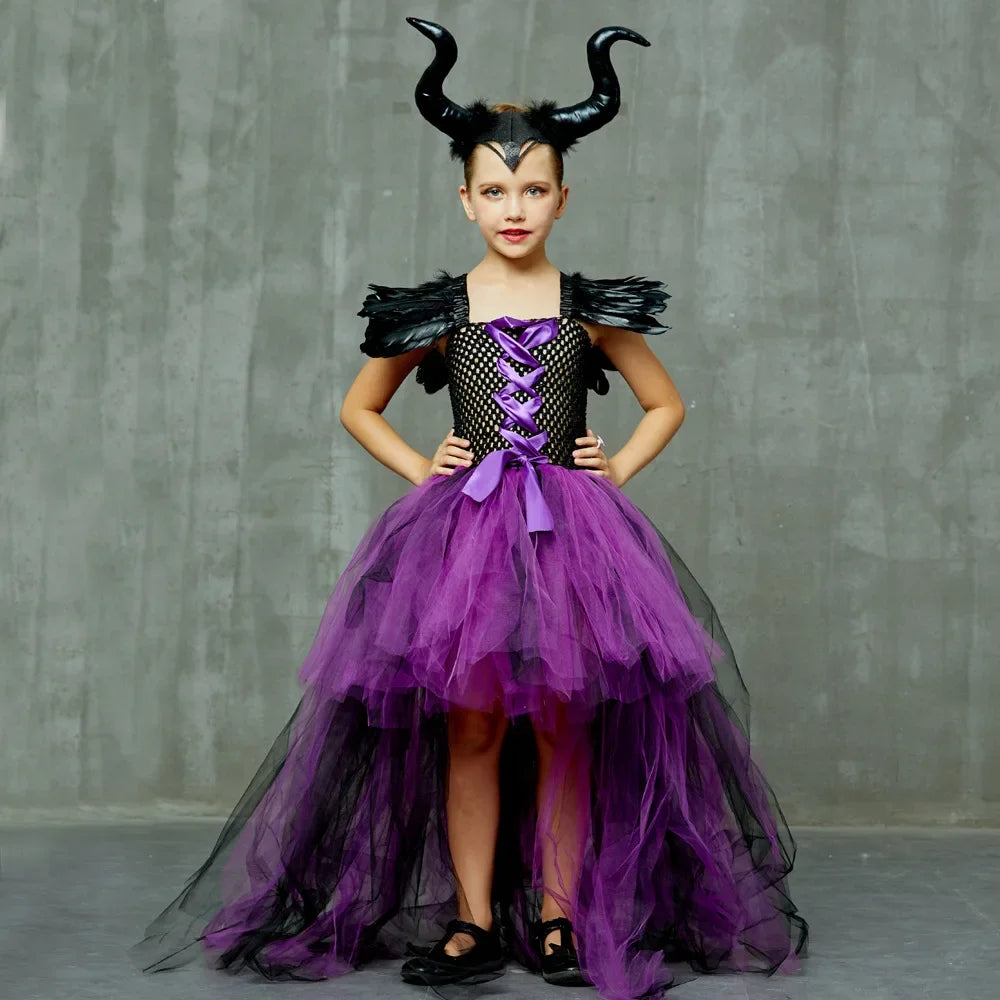 Maleficent Halloween For Children Costume Tulle Purple Black Dress Girls Cosplay Vestidos Party Evil Queen Mesh Princess Dresses