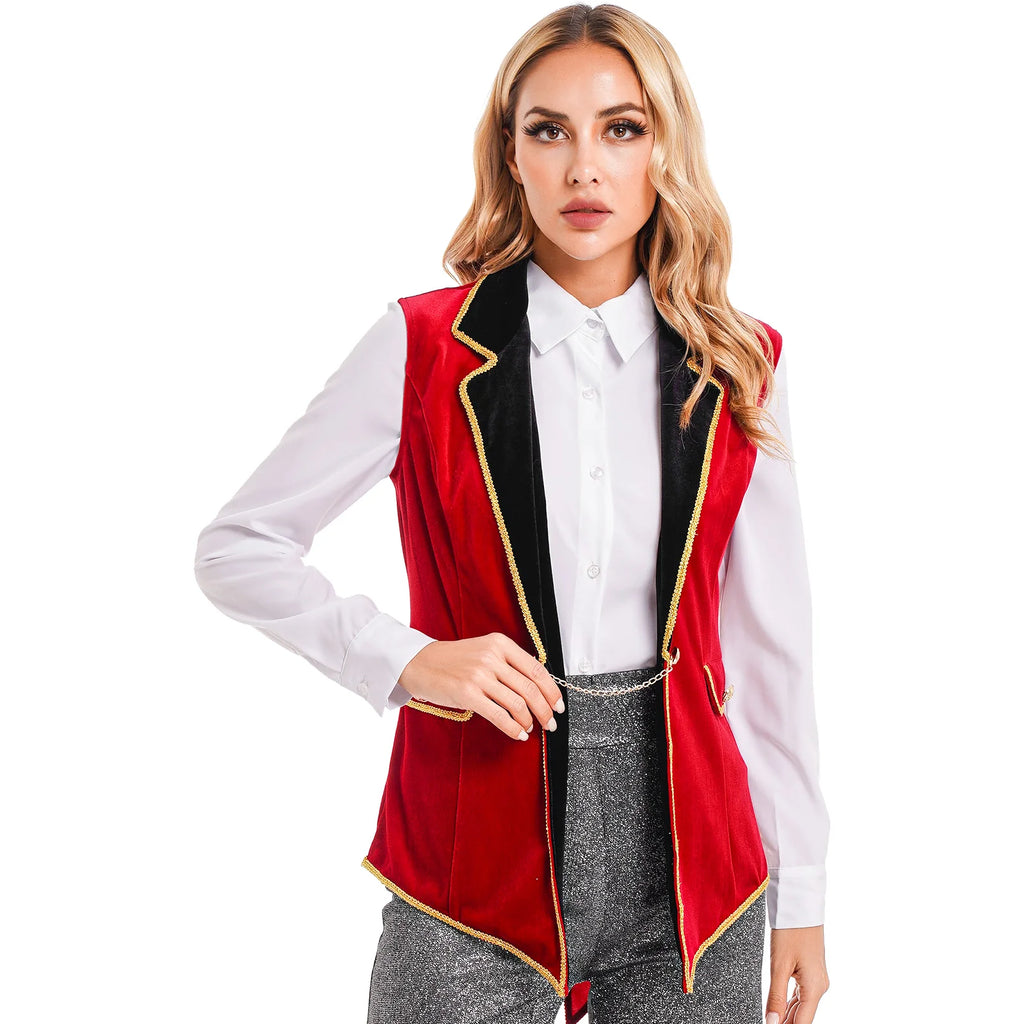 Womens Circus Ringmaster Costumes Halloween Showman Cosplay Tailcoat Lapel Vest Jacket Ringleader Lion Tamer Velvet Waistcoat