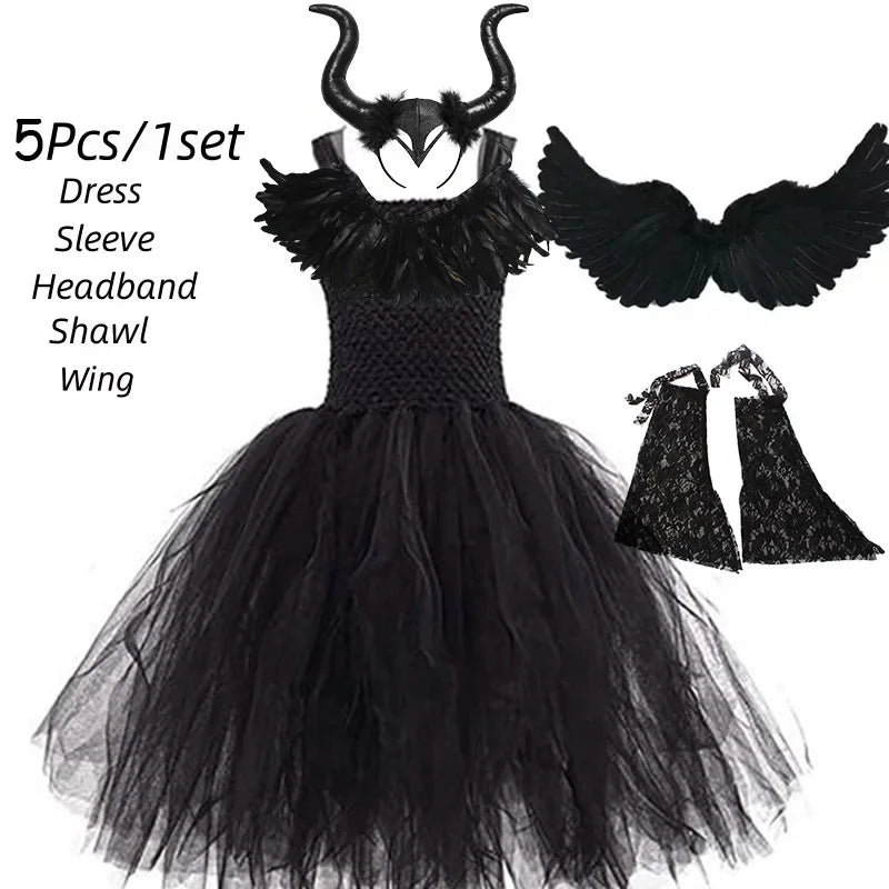 Halloween Maleficent Costume for Girls Cosplay Evil Queen Dress Up Costumes Witch Devil Black Mesh Princess Dress Wings Bird 12Y