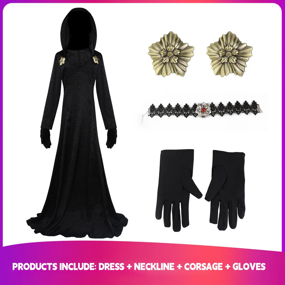 In Stock Moth Lady Evil Cosplay Fantasia Village Vampire Lady Dimitrescu Costume Women Black Dress Halloween Carnival Party Suit