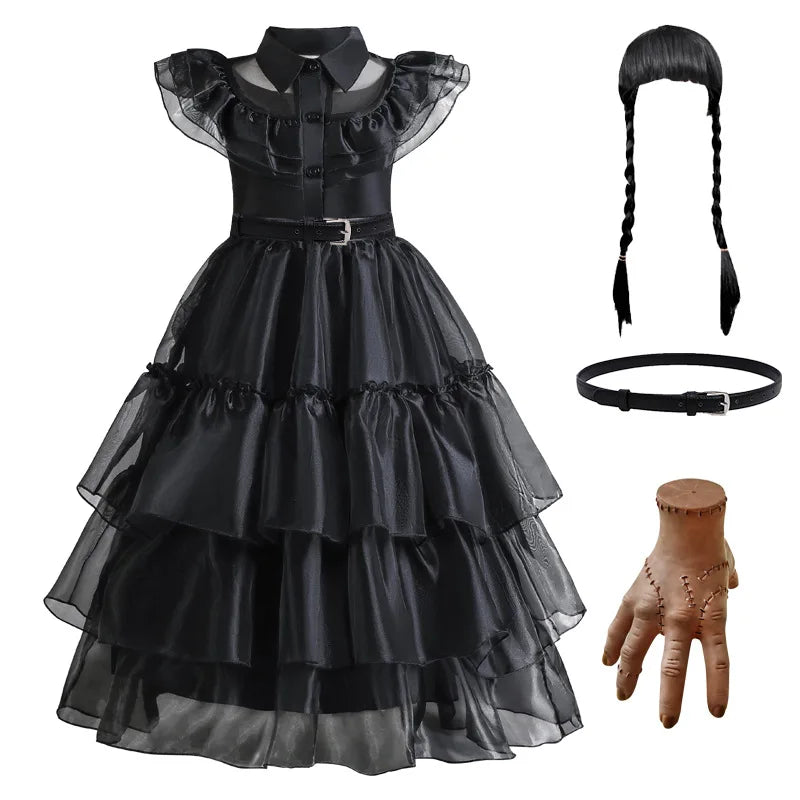 Gothic Lace Tiered Ball Gown Girls Hollowed Tulle Cake Dress Cosplay Prom Dress Halloween Wednesday Addams Black Costume