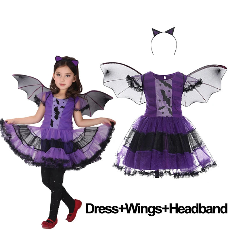 Halloween Witch Vampire Bat Baby Girls Costume Children Cosplay Princess Dresses Dress Up Carnival Party Clothing With Headband