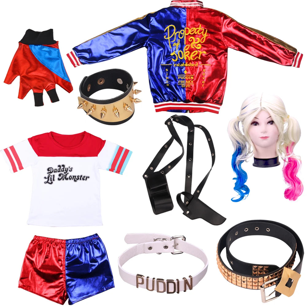 Anime Adult Dress Women Costume Quinn Girl Wig T Shirt Joker Jacket Halloween Costume Kids Glove Accessories