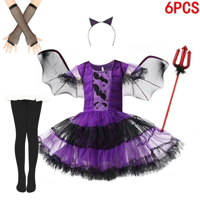 Halloween Girls Purple Bat Dress Kids Fancy Cosplay Vampire Demon Costume With Wing Headwear Carnival Witch Role Playing Clothes