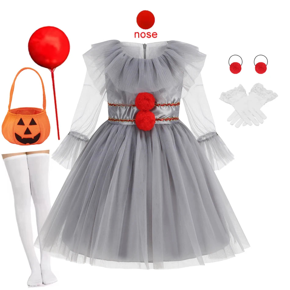 Gray Girls Joker Movie Cosplay Halloween Costume Tutu Dress Creepy Clown Thriller Party Clothes Children Tulle Fancy Party Dress