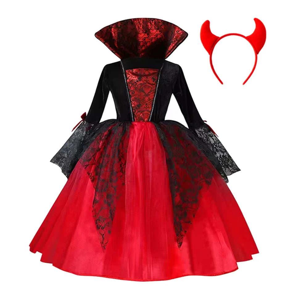 2025 Girls Cosplay Vampire Halloween Dress For Kids Ghost Bride Gothic Costume Count Vampiran Carnival Outfit Black Red Clothes