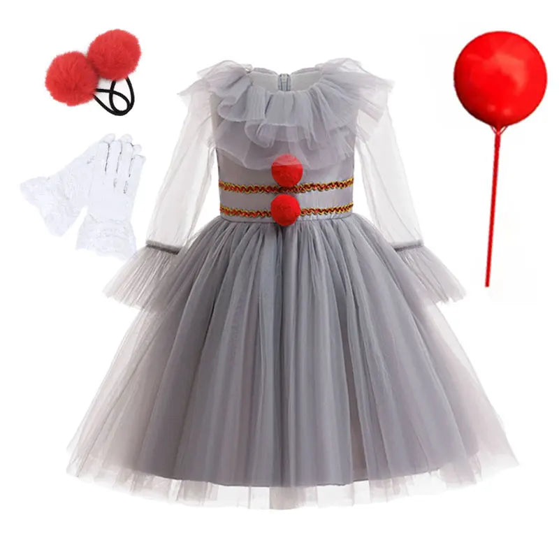 Girls New Gray Joker Dress for Kids 2025 Halloween Carnival Cosplay Creepy Clown Costume Children Dress Up Party Clothes