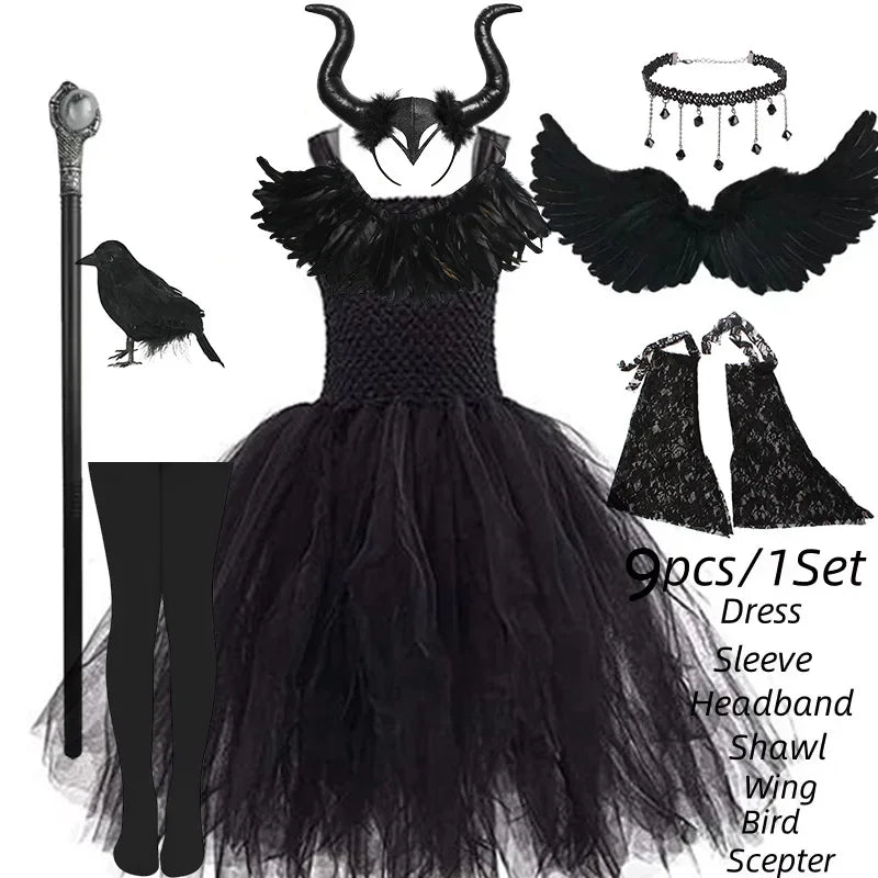Halloween Maleficent Costume for Girls Cosplay Evil Queen Dress Up Costumes Witch Devil Black Mesh Princess Dress Wings Bird 12Y