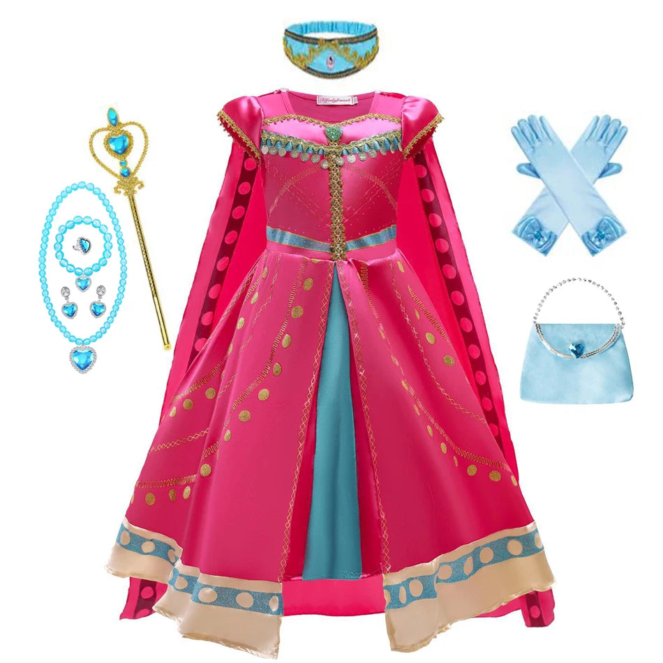 Jasmine Costume for Girls Arabian Dress for Kids Aladdin Cosplay Christmas Halloween Party with Gloves Crown Wand Accessories