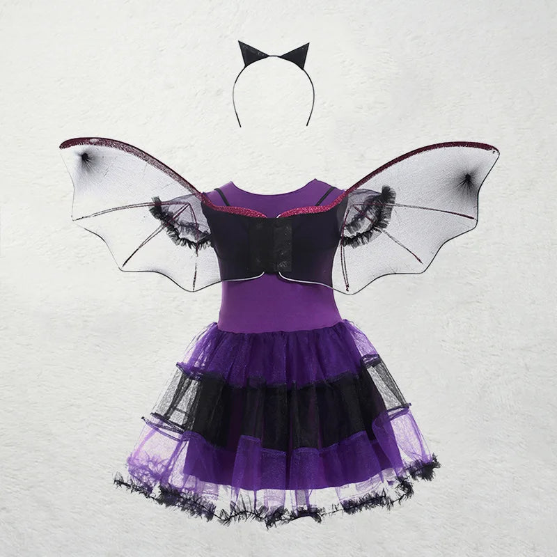 Halloween Girls Purple Bat Dress Kids Fancy Cosplay Vampire Demon Costume With Wing Headwear Carnival Witch Role Playing Clothes