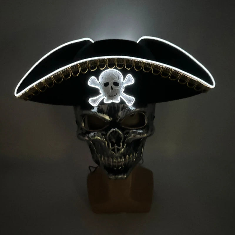 Newstyle Led Captain Hat Halloween Masquerade Pirate Theme Party Cosplay Captain Costumes Accessories Light Up Skull Pattern Hat