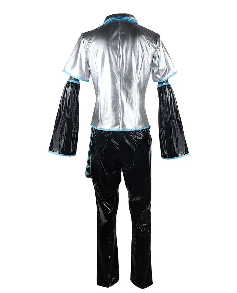 European Size Male Miku Cosplay Costume Wig Full Set Silver Leather Cloth Fabric Suit Miku Male Style Uniform