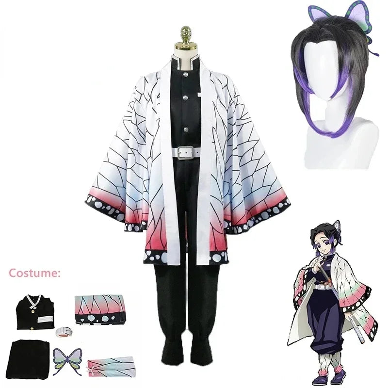 Anime Demon Slayer Kimetsu   Kochou Shinobu Cosplay Kostuum Pruik Set Kimono Uniform Halloween Anime Kostuums Voor Volwassen Kid