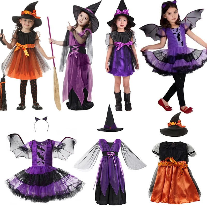 Girls Purple Bat Dress Kids Fancy Cosplay Vampire Demon Costume With Wing Headwear Halloween Carnival Witch Role Play Clothes