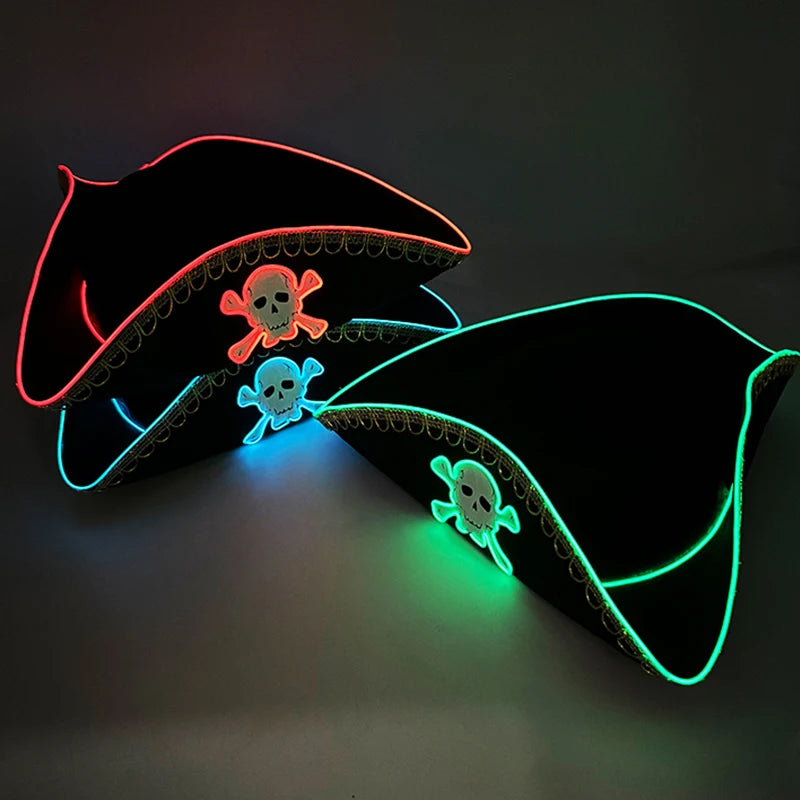 Newstyle Led Captain Hat Halloween Masquerade Pirate Theme Party Cosplay Captain Costumes Accessories Light Up Skull Pattern Hat