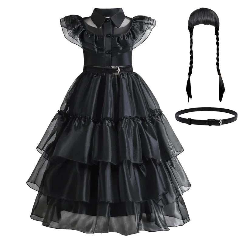 Gothic Lace Tiered Ball Gown Girls Hollowed Tulle Cake Dress Cosplay Prom Dress Halloween Wednesday Addams Black Costume