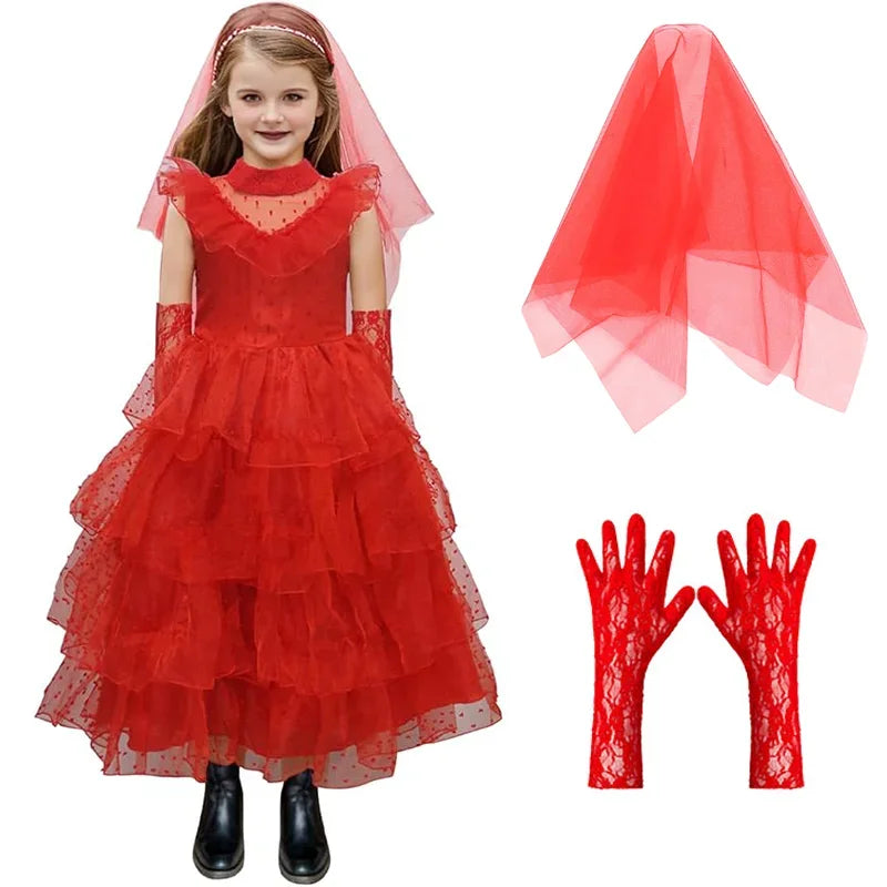 Halloween Lydia Red Horror Ghost Bride Cosplay Dress for Girls boys B-Beetle Juice 2 Black White Pattern Role Playing Costumes