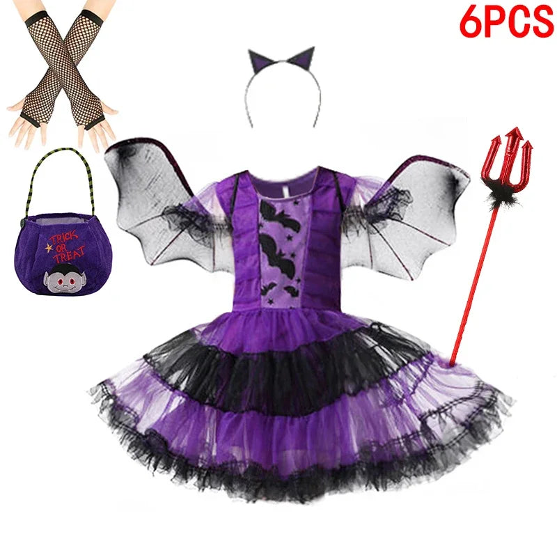 Halloween Girls Purple Bat Dress Kids Fancy Cosplay Vampire Demon Costume With Wing Headwear Carnival Witch Role Playing Clothes