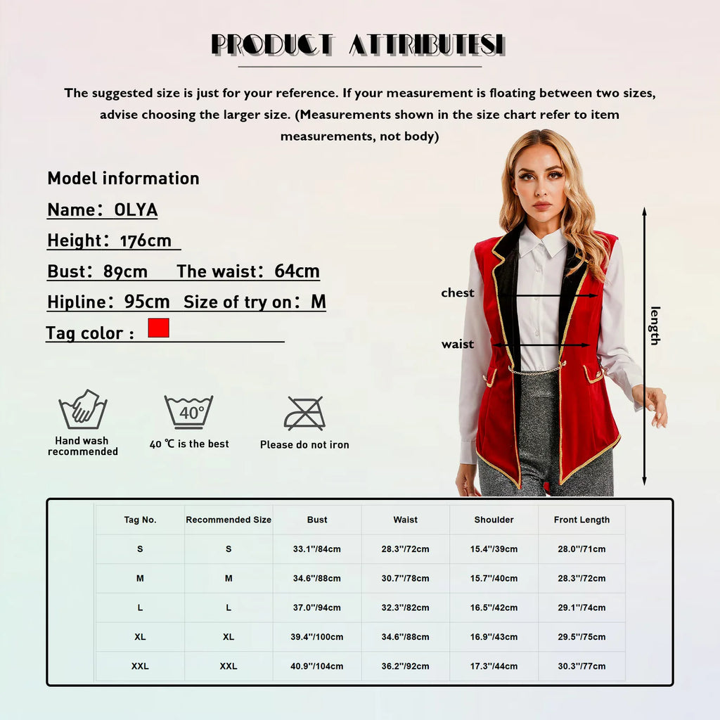 Womens Circus Ringmaster Costumes Halloween Showman Cosplay Tailcoat Lapel Vest Jacket Ringleader Lion Tamer Velvet Waistcoat