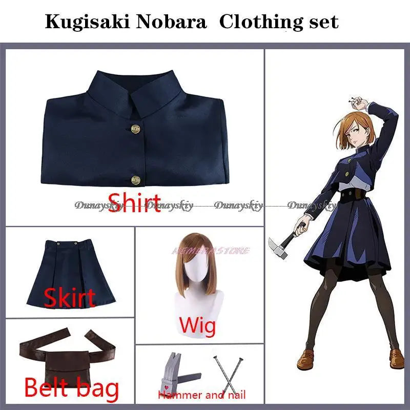 Anime JJK Kugisaki Nobara Cosplay Costume Kugisaki Nobara Wig Hammer Women Suit Outfit Uniform Bag Belt Hallowen Suit