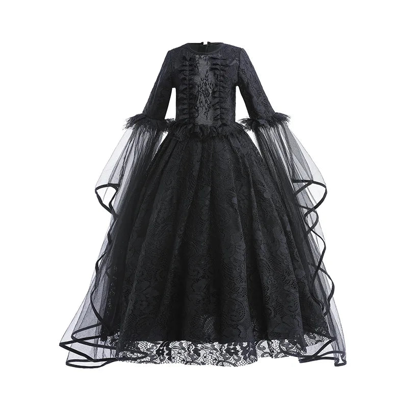 Girl Maleficent Dress Halloween Kid Witch Costume Long Sleeve Black Lace Gown Evil Role Playing Costume Carnival Cosplay Outfits