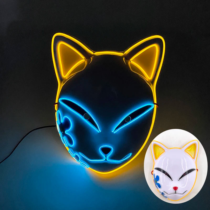 Light Up Japanese Oni Devil Mask LED Luminous Prajna Horror Mask Full Face Halloween Bar Party Props Neon Glowing Demon Mask