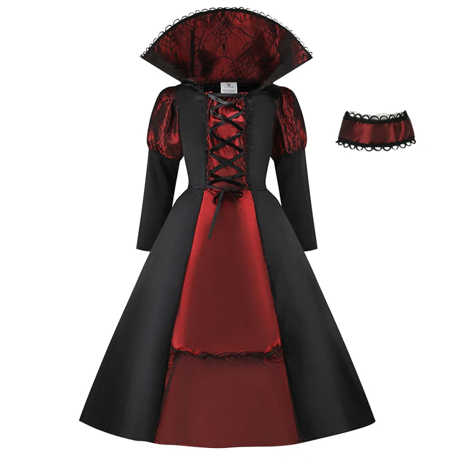 2025 Girls Boys Red Vampire Costume Ghost Bride Gothic Dress Party Kids Cosplay Clothes Halloween Outfit