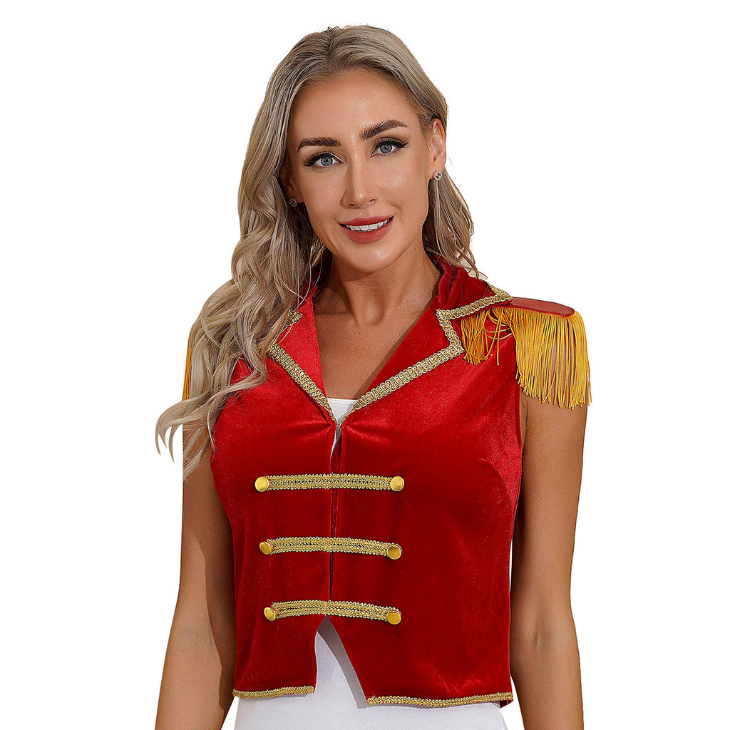 Womens Circus Ringmaster Costumes Halloween Showman Cosplay Tailcoat Lapel Vest Jacket Ringleader Lion Tamer Velvet Waistcoat