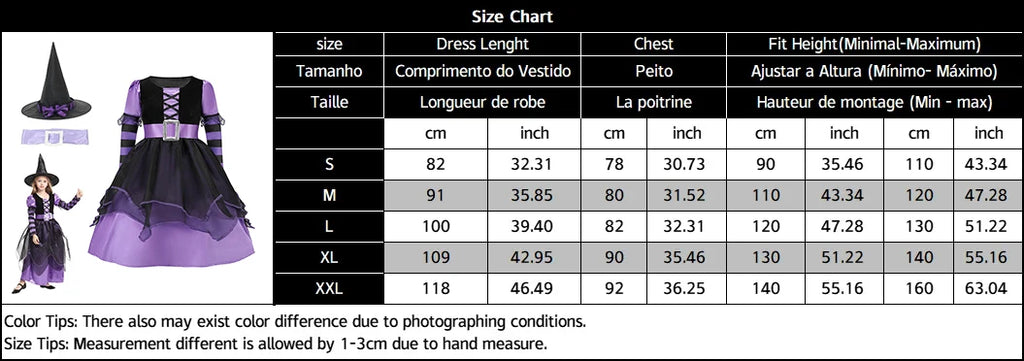 Girls' Halloween Witch Costume Purple Mesh Dress with Hat & Broom Kids Cosplay Gown for Carnival Magic Villain Role-Play