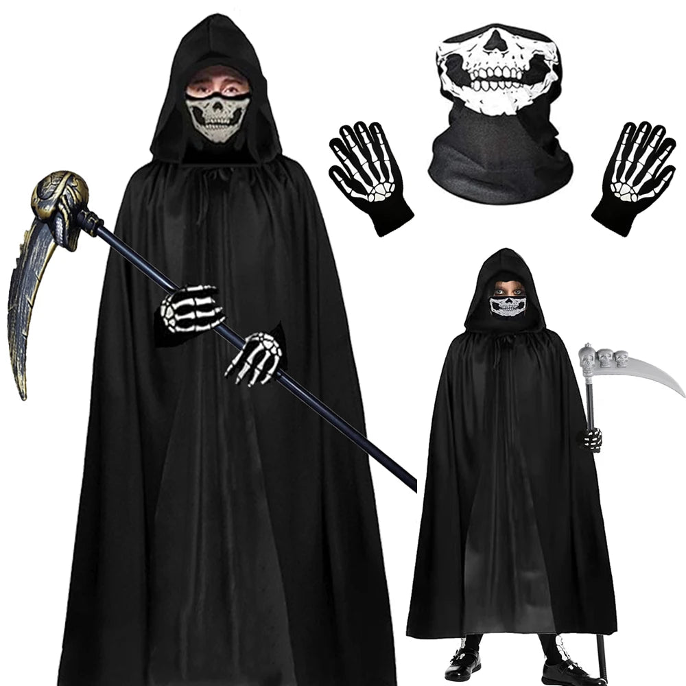 Death Cloak Suit Halloween Cosplay Costume Grim Reaper Prop Ghost Head Scythe Skull Scarf Glove Adult Kids Halloween Decoration