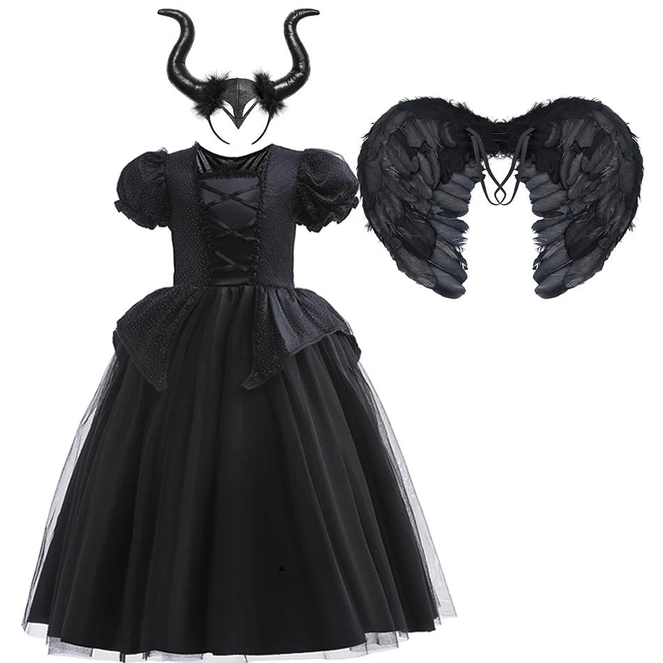 Girl Maleficent Cosplay Dress With Wings Kids Halloween Carnival Evil Witch Dress Up Costume 2-10 Yrs Sequin Ruffles Outfits
