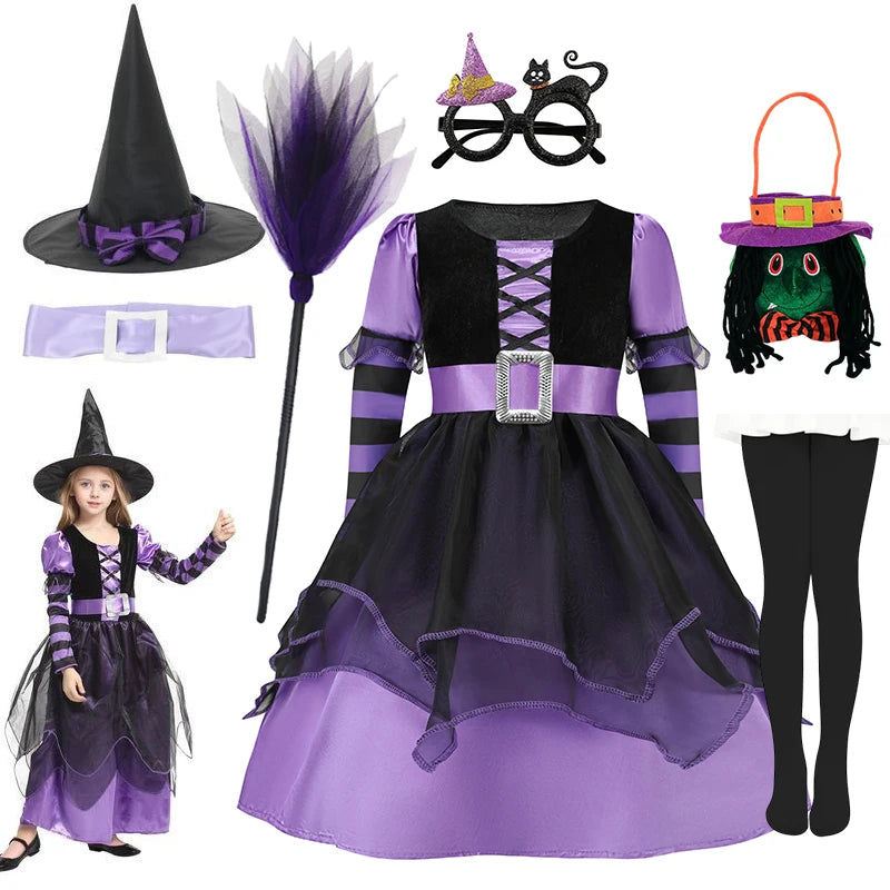 Girls' Halloween Witch Costume Purple Mesh Dress with Hat & Broom Kids Cosplay Gown for Carnival Magic Villain Role-Play