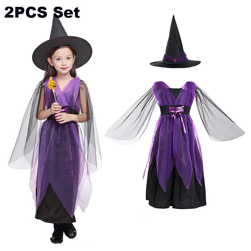 Girls Purple Bat Dress Kids Fancy Cosplay Vampire Demon Costume With Wing Headwear Halloween Carnival Witch Role Play Clothes