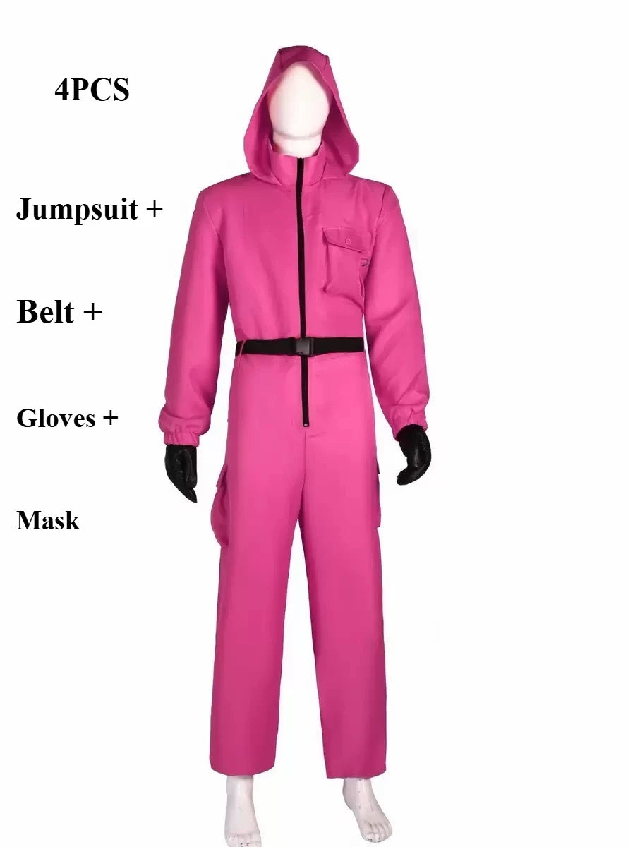 Calamari Game Guard Cosplay Costume Red Jumpsuit Outfit Adult KidsTeenagers Tracksuit Hooded Overall Belt Gloves Set Halloween