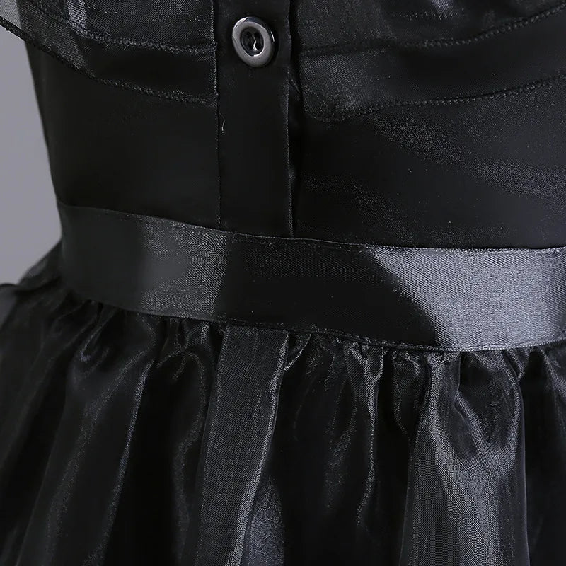 Gothic Lace Tiered Ball Gown Girls Hollowed Tulle Cake Dress Cosplay Prom Dress Halloween Wednesday Addams Black Costume