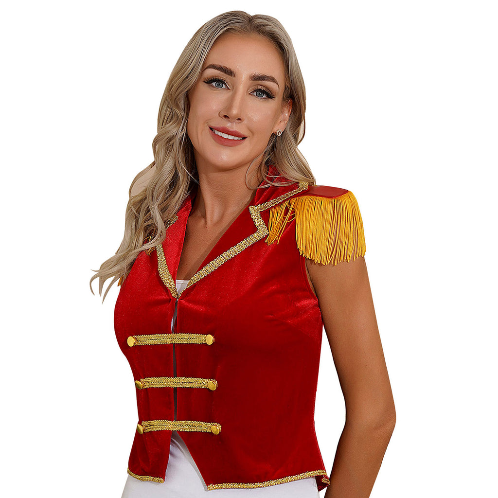 Womens Circus Ringmaster Costumes Halloween Showman Cosplay Tailcoat Lapel Vest Jacket Ringleader Lion Tamer Velvet Waistcoat
