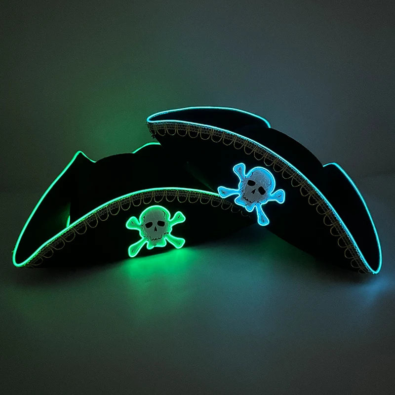 Newstyle Led Captain Hat Halloween Masquerade Pirate Theme Party Cosplay Captain Costumes Accessories Light Up Skull Pattern Hat