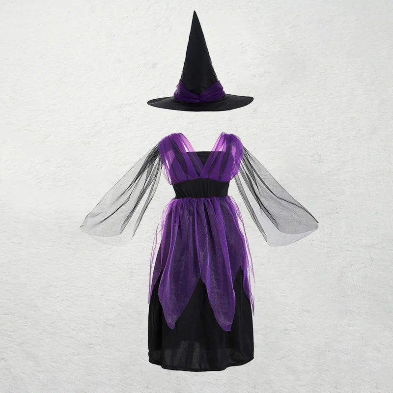 Girls Purple Bat Dress Kids Fancy Cosplay Vampire Demon Costume With Wing Headwear Halloween Carnival Witch Role Play Clothes