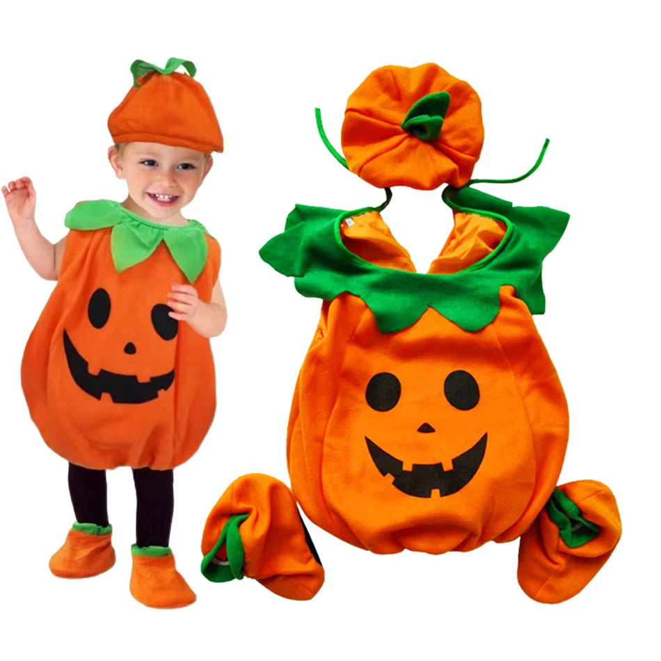Kids Pumpkin Costume with Hat Boys Girls Halloween Cosplay Costume Children Cosplay Stage Performance Party Clothing