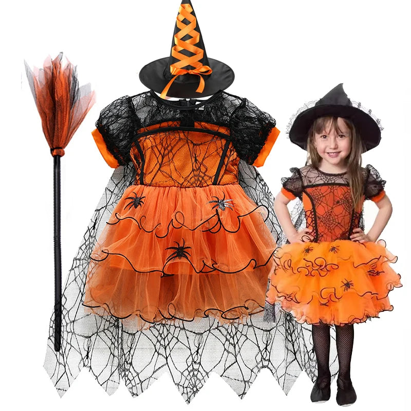 Baby Halloween Costume Girls Princess Spider Mesh Dress Children Vampire Performance Elegant Clothes Witch Dresses 1-6 Y