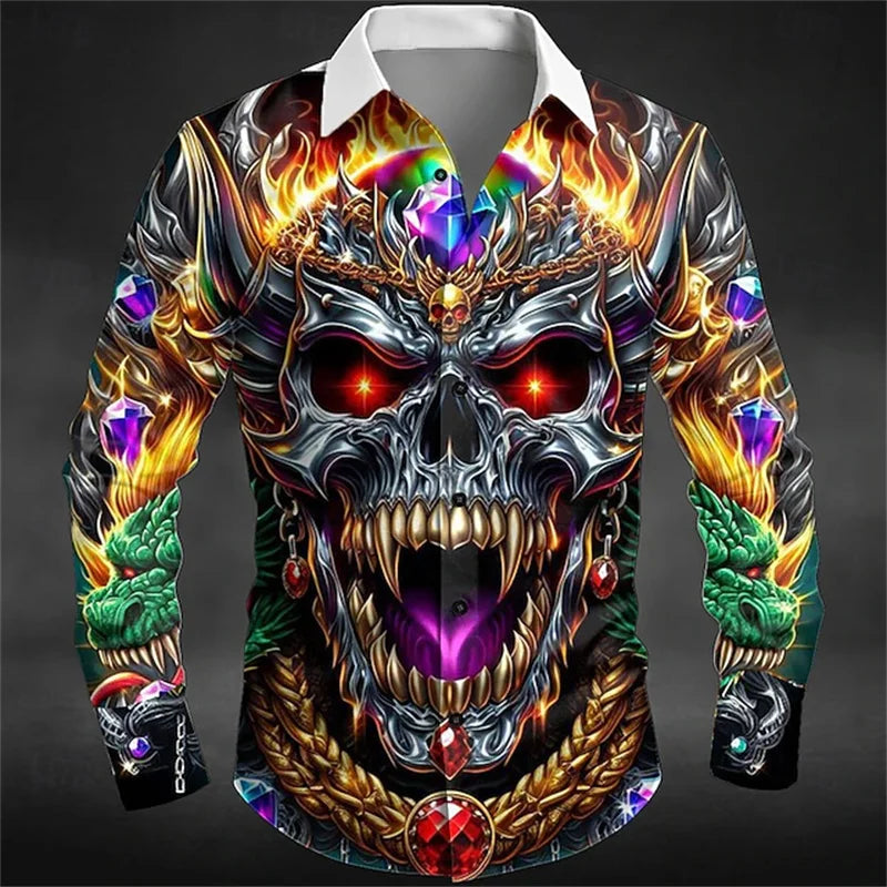 Halloween Men's Skull Dragon Flame Shirt Dark Punk Gothic Style Outdoor Holiday Summer Spring Lapel 3D Printed Lapel Shirt
