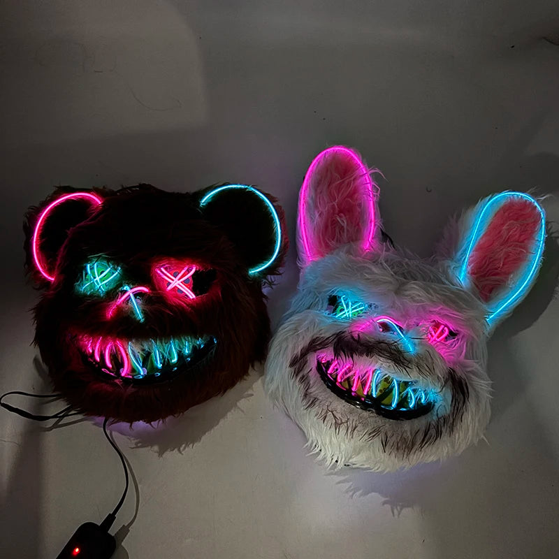 LED Bloody Rabbit Mask Horror Dance Masquerade Cosplay Decoration Cool Glowing Killer Rabbit Mask Scary Bloody Bear Mask For Men