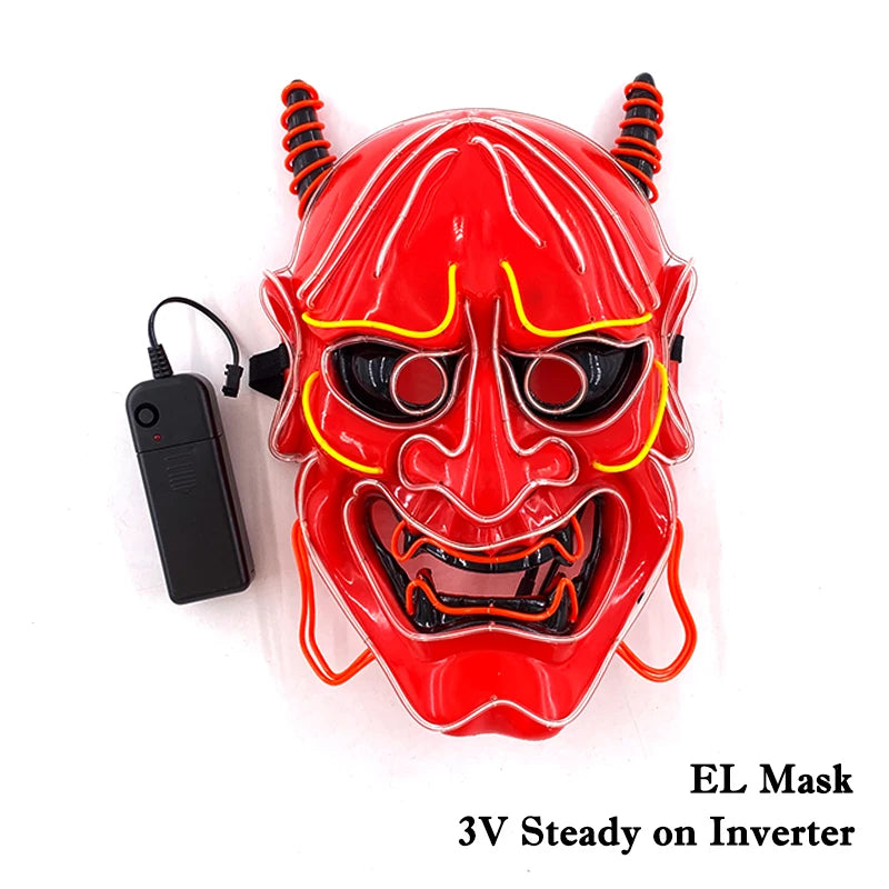 Light Up Japanese Oni Devil Mask LED Luminous Prajna Horror Mask Full Face Halloween Bar Party Props Neon Glowing Demon Mask