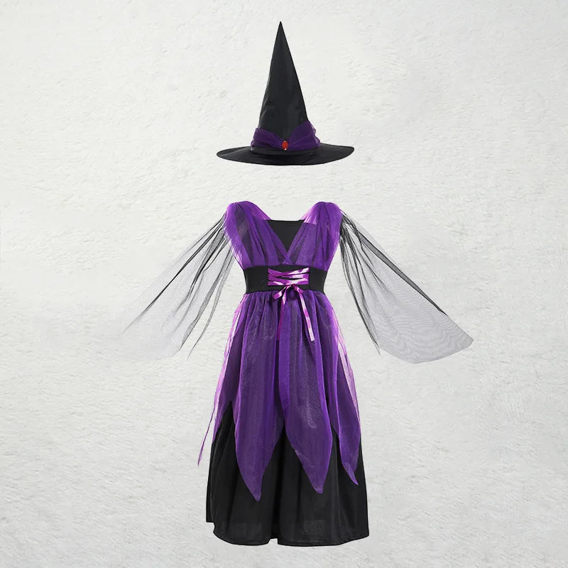 Girls Purple Bat Dress Kids Fancy Cosplay Vampire Demon Costume With Wing Headwear Halloween Carnival Witch Role Play Clothes